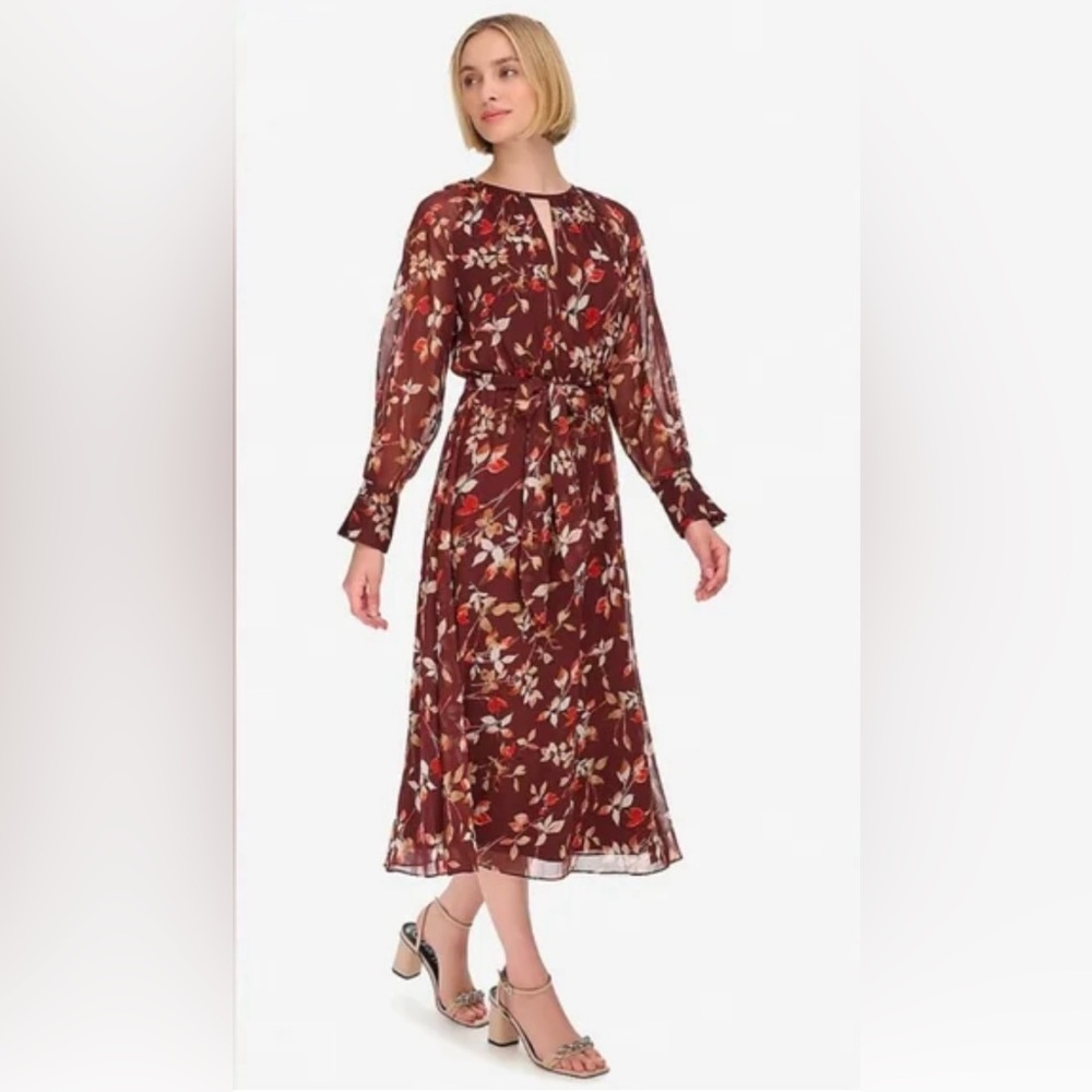 Calvin Klein Floral Chiffon Keyhole Midi Dress